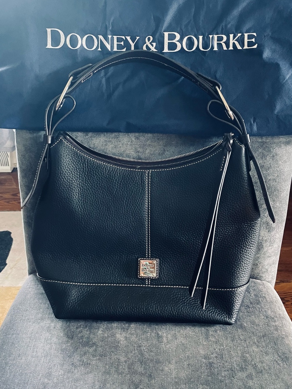 Dooney & Bourke Black Pebbled Leather Shoulder Hobo with Contrast Stitching